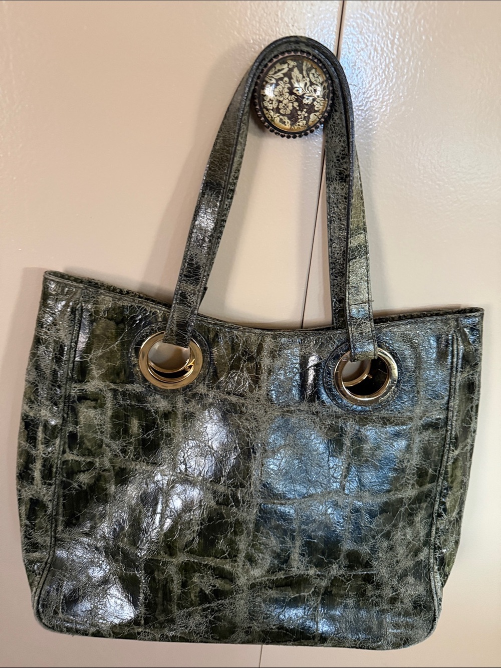 Hype Olive Green Glossy Tote with Gold Ring Hardware
